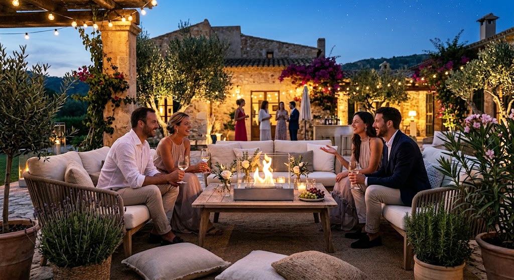 Chimenea de bioetanol de mesa encendida como centro de mesa en un evento al aire libre por la noche.