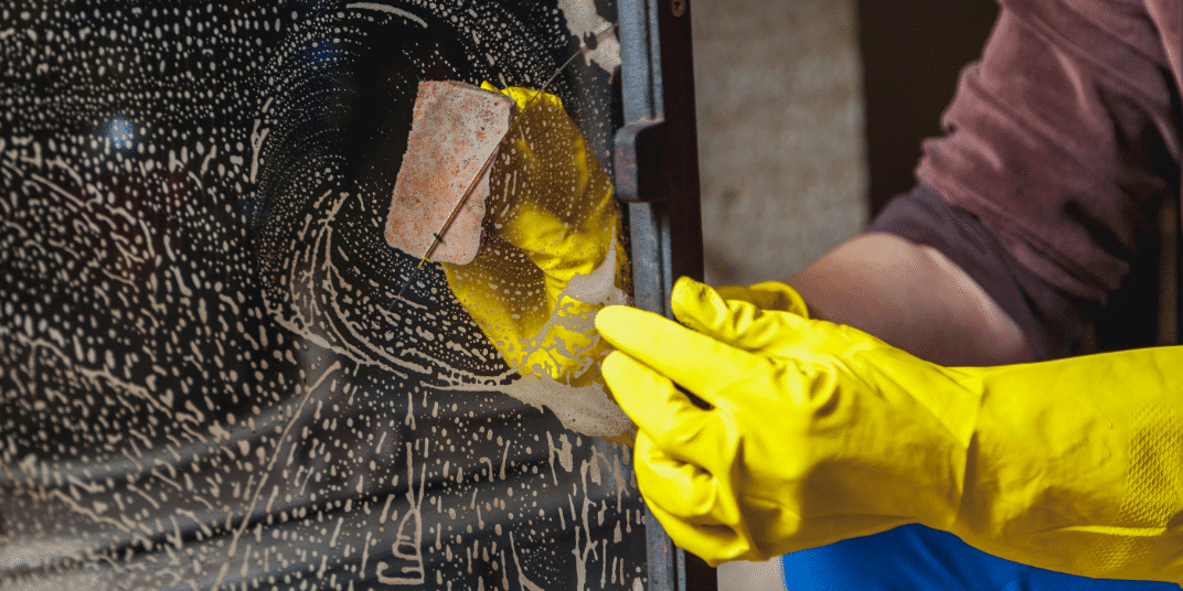 Person wearing yellow gloves cleaning the glass of a bioethanol fireplace